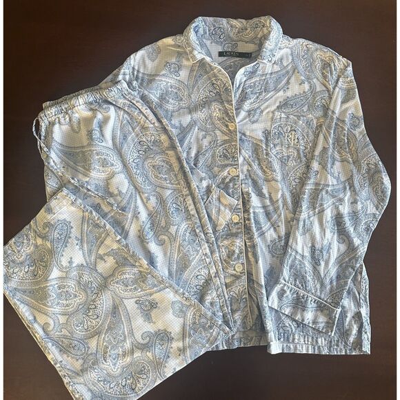 Lauren Ralph Lauren Pajama Set Blue Paisley Cotton Long Sl XL Comfortcore Lounge - Picture 1 of 12